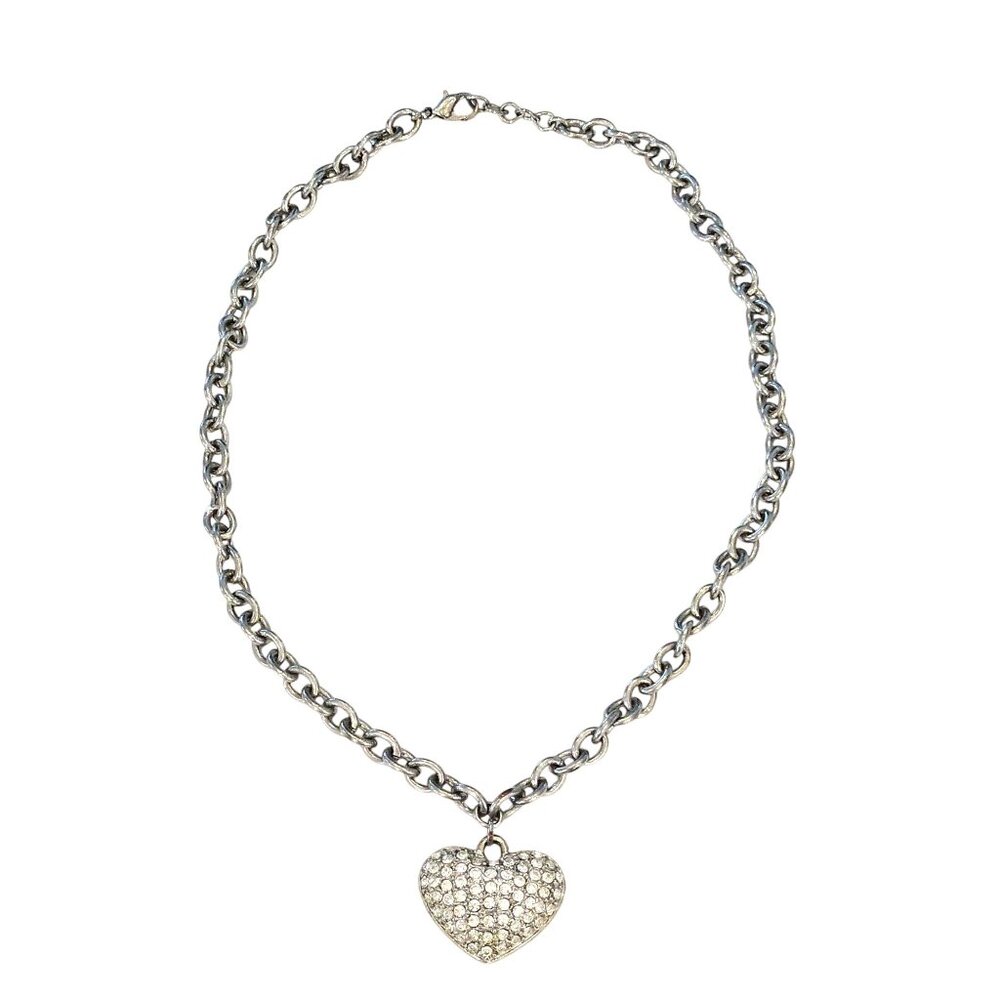 Rhinestone Puffy Heart Silver Tone 16" Y2K Chain Necklace